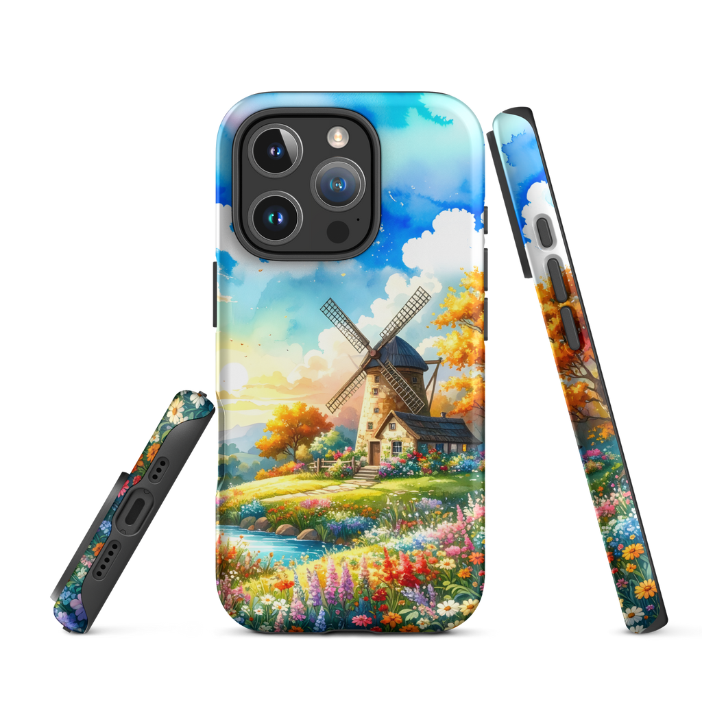 iPhone Tough Case – Sunny Windmill Meadow | Cottagecore Shockproof Cover